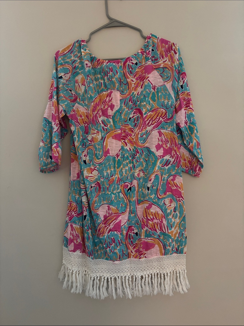 Bright Flamingo Print Beach Cover Up with Fringe - Picture 3 of 3